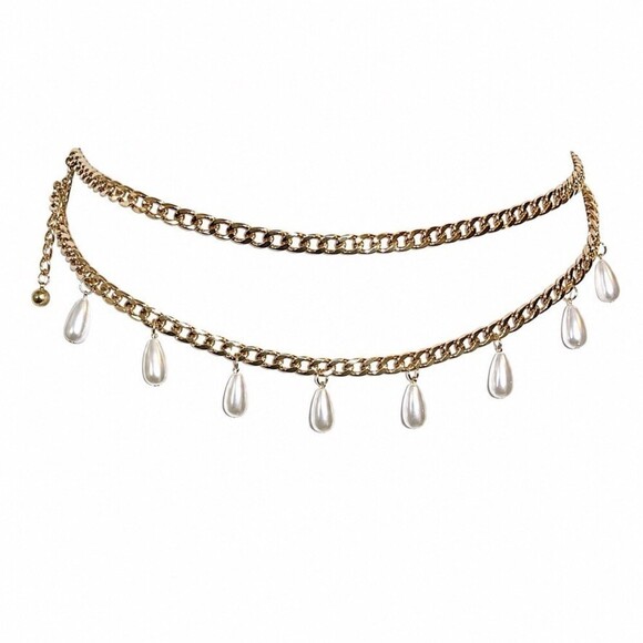 Vintage Pearl Teardrop Dangle Double Layer Gold Curb Chain Belt womens large XL